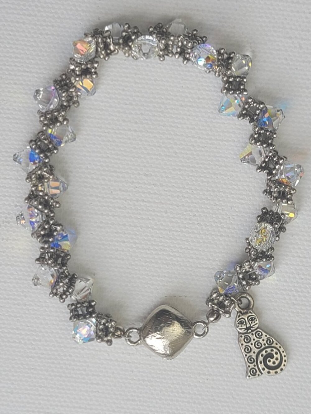 Aurora Borealis Crystal Rhinestone Silver Tone Textured Beads Cat Charm Bracelet